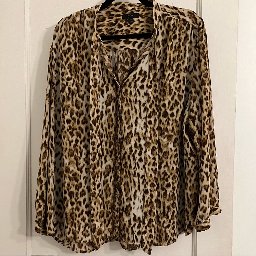 Leopard print cheetah animal print blouse tie neck button down